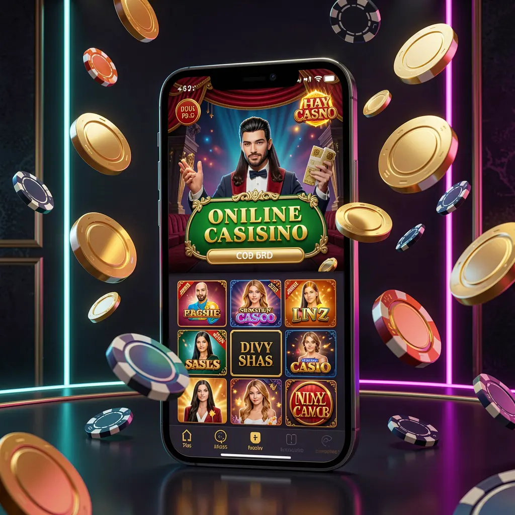 AC96 online casino mobile app hero banner featuring a modern smartphone with glowing casino interface, golden coins and poker chips flying around against a dark luxury background with neon accents