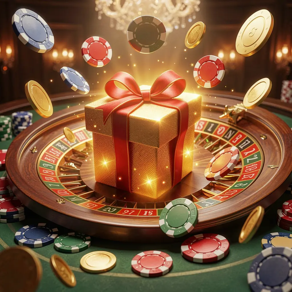 AC96 welcome bonus visual featuring a glowing gift box, roulette wheel, poker chips, and flying coins in a festive casino atmosphere with cinematic lighting and high detail