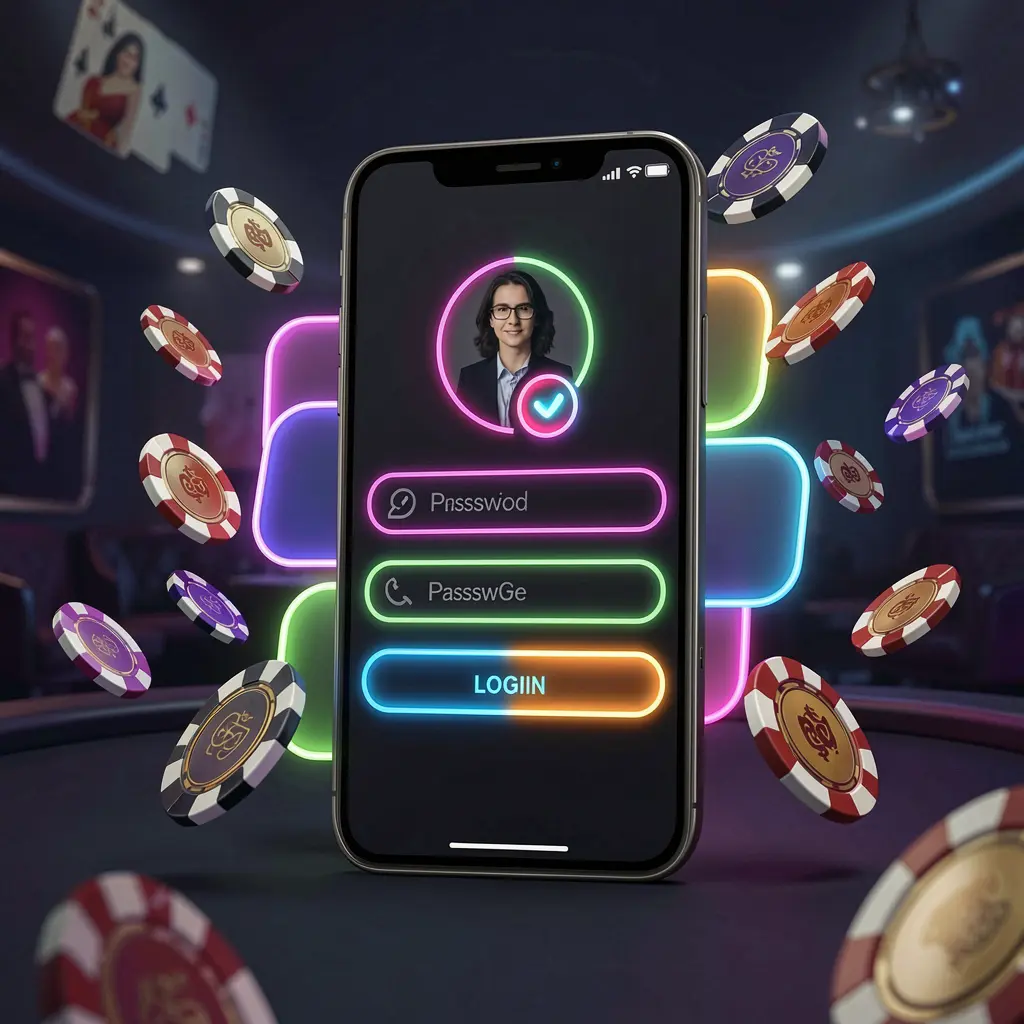 AC96 mobile casino login screen with abstract UI shapes for user profile and password fields, neon glow, flying chips and coins in a dark premium casino atmosphere