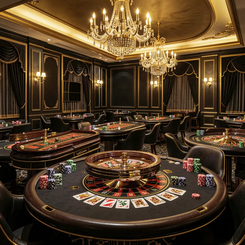 AC96 luxury online casino lobby with glowing roulette tables, golden lights, poker chips and cards in a premium black and gold design